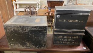 Three 19th century tin deed boxes, largest width 46cm, depth 35cm, height 33cm