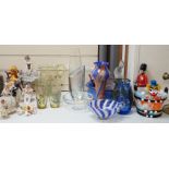 Six porcelain figures, a Murano labelled two handled dish and mixed glassware