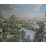 British School mid 20th century Romantic Italianate landscape with roses to the sidesoil on