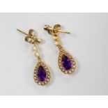 A pair of late Victorian, 15ct, amethyst and seed pearl set drop earrings, 29mm, gross weight 3.5
