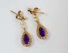 A pair of late Victorian, 15ct, amethyst and seed pearl set drop earrings, 29mm, gross weight 3.5