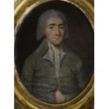 English School, late 18th century, oval oil on board, Portrait of John Parsons, 14 x 11cm