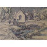 E. Owen James, watercolour, Country house beside a stone bridge, signed, 30 x 42cm