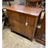 A small 19th century Continental mahogany three drawer chest, width 76cm, depth 43cm, height 78cm