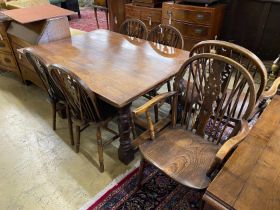 A small 18th century style rectangular oak refectory dining table, length 137cm, width 98cm,