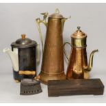 An Art Nouveau copper ewer, a WMF teapot and copper coffee pot, other metalware. Tallest 40cm