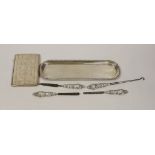 A George V engraved silver card case, by Crisford & Norris, a silver pen tray and four manicure