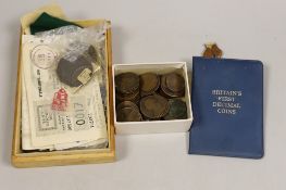 A group of coins, medals including a cartwheel twopence 1797 and an Elizabethan vellum deed