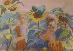 Phyllis Bray (1911-1991), pencil and watercolour, Children and sunflowers, Studio stamp verso, 27