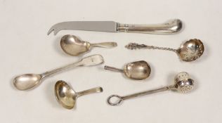 Three silver caddy spoons, including two 19th century, a silver infuser, a sifter spoon, a cheese