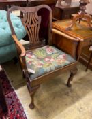 A George III provincial elm seat elbow chair with tapestry upholstered drop in seat, width 66cm,