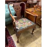 A George III provincial elm seat elbow chair with tapestry upholstered drop in seat, width 66cm,