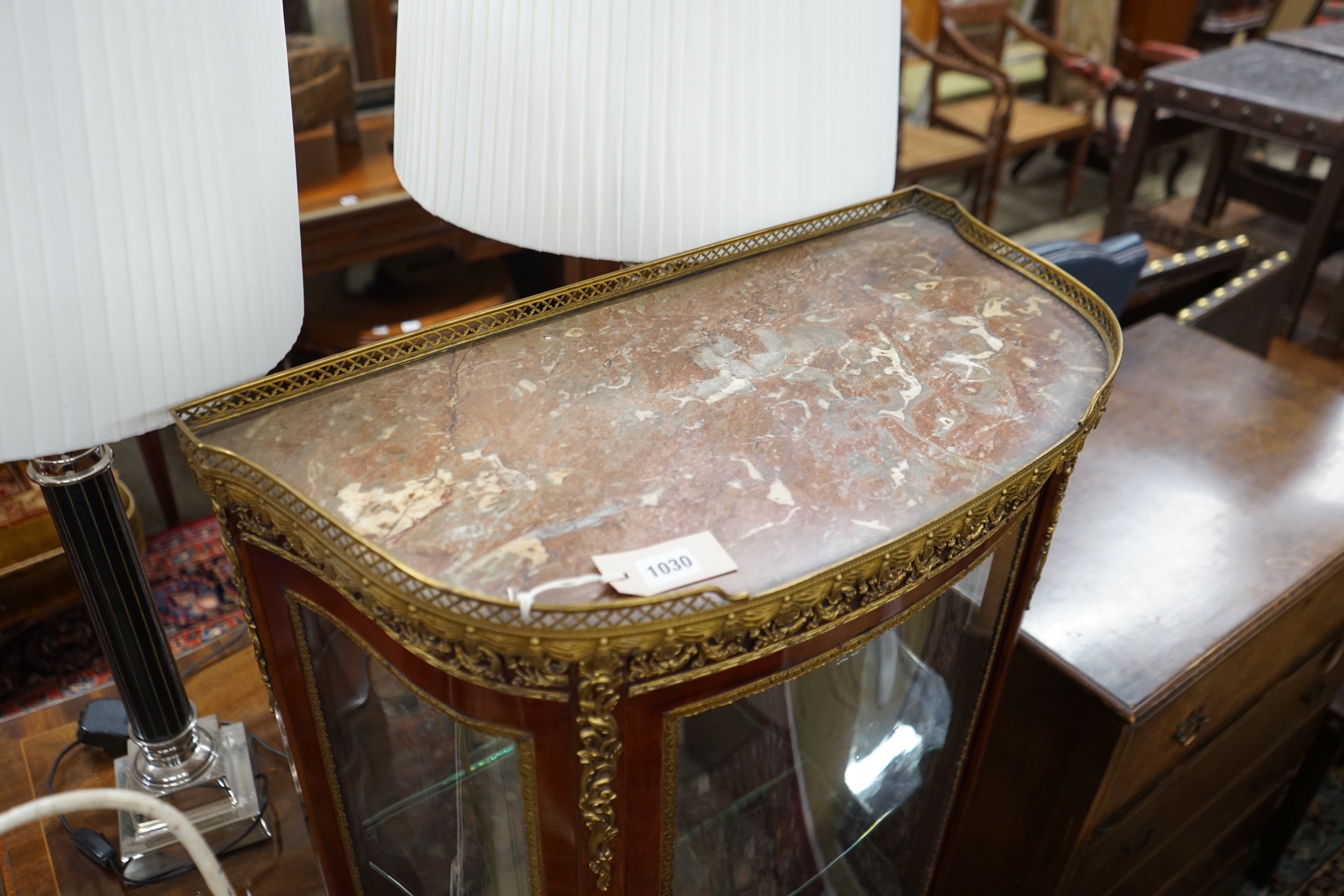 A Louis XV style gilt metal mounted marble topped bow fronted vitrine, width 67cm, depth 34cm, - Image 2 of 4