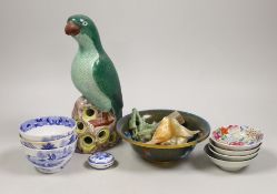A group of Chinese hardstone carvings, a cloisonné enamel bowl, famille rose dishes and four blue