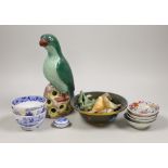 A group of Chinese hardstone carvings, a cloisonné enamel bowl, famille rose dishes and four blue