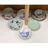 A group of Chinese plates and dishes including a Ming dynasty blue and white bowl