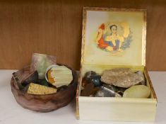 A collection of mineral and hardstone specimens and gem stones contained in a cigar box and a