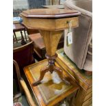 A Victorian marquetry inlaid octagonal trumpet work table, width 40cm, height 70cm