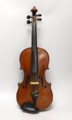 A cased French double backed violin, interior label reads ‘Copie de J.B. Vuillaume à Paris.’ Back