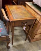 A reproduction mahogany Pembroke table with leather inset top, width 44cm, depth 61cm, height 68cm