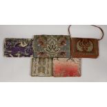 Five various silk and metallic thread embroidered evening bag/purses from 1920’s to 40’s