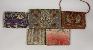 Five various silk and metallic thread embroidered evening bag/purses from 1920’s to 40’s