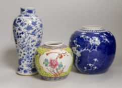 A 19th century Chinese blue and white ‘birds and flowers’ baluster vase, a blue and white jar and
