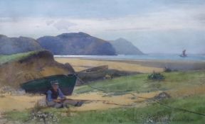 Carleton Grant (1860-1930), watercolour, Fisherboy mending nets on the seashore, signed and dated