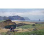 Carleton Grant (1860-1930), watercolour, Fisherboy mending nets on the seashore, signed and dated