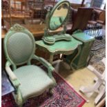 A Victorian style mahogany open armchair, together with a side table, dressing mirror and bedside