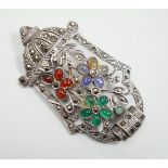 A white metal, marcasite and cabochon stone cluster set brooch, 51mm.