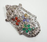 A white metal, marcasite and cabochon stone cluster set brooch, 51mm.