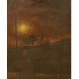 Modern British, oil on canvas, Colliery at sunset, a sketch of girders verso, 60 x 50cm, unframed,