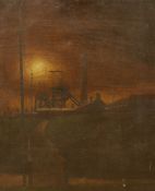 Modern British, oil on canvas, Colliery at sunset, a sketch of girders verso, 60 x 50cm, unframed,
