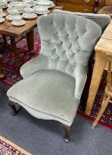 A pair of Victorian style upholstered spoon back chairs, width 63cm, depth 58cm, height 84cm