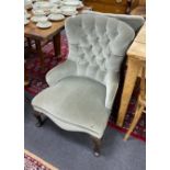 A pair of Victorian style upholstered spoon back chairs, width 63cm, depth 58cm, height 84cm