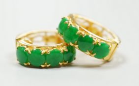 A modern pair of yellow metal, stamped 850, and four stone cabochon jade set hoop earrings, 14mm,
