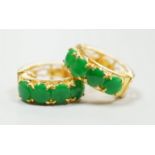 A modern pair of yellow metal, stamped 850, and four stone cabochon jade set hoop earrings, 14mm,