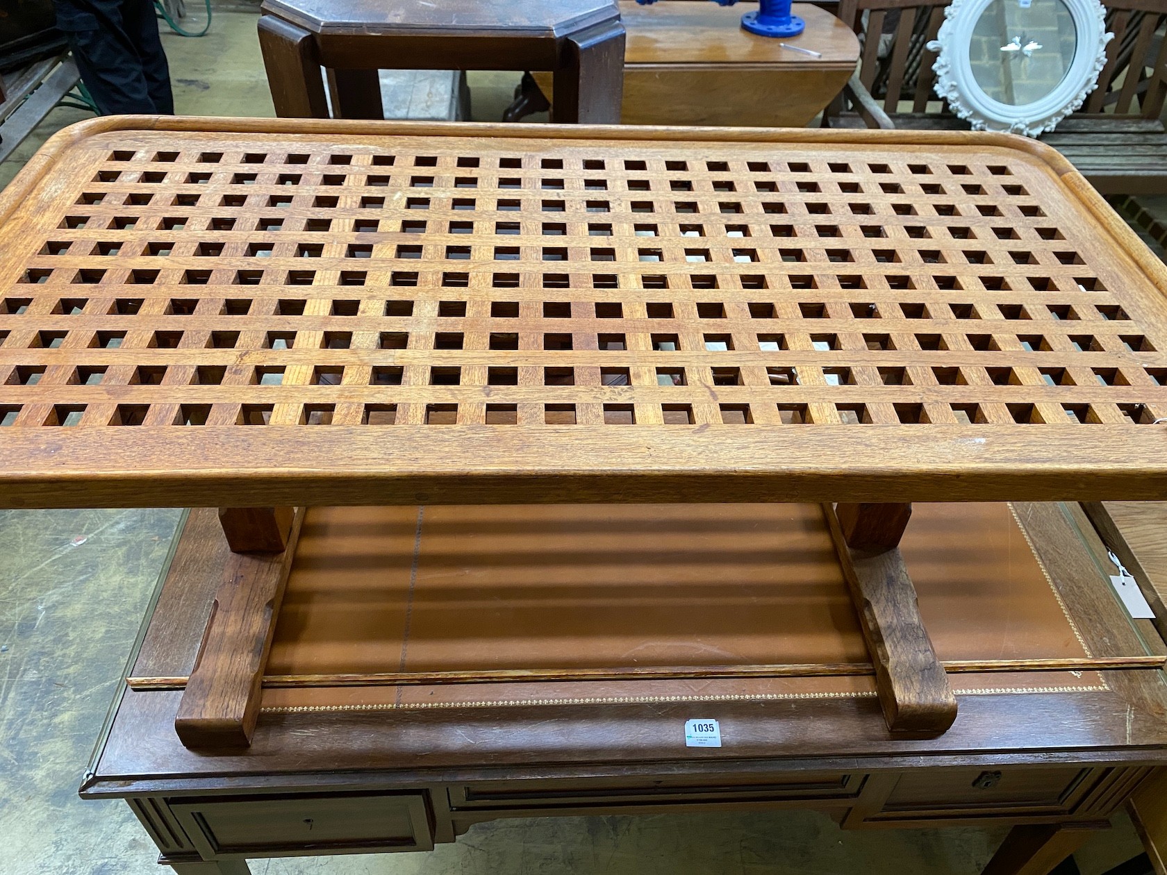 An Arts & Crafts style rectangular oak lattice top coffee table, length 123cm, width 62cm, height - Image 2 of 2