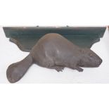 A bronze relief of a beaver and shaped green wall bracket,