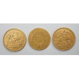 Two gold half sovereigns, 1904 & 1911 and a French gold 1859 10 franc coin.