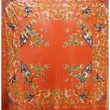 A Chinese early 20th century silk crepe, polychrome embroidered shawl