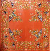 A Chinese early 20th century silk crepe, polychrome embroidered shawl