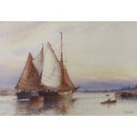 Frederick James Aldridge (1850-1933), watercolour, Sail barges leaving harbour, signed, 26 x 37cm