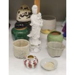 A group of Chinese and studio ceramic vases and bowls, to include a figure of Guangyin, 37.5cm tall