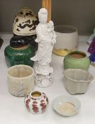 A group of Chinese and studio ceramic vases and bowls, to include a figure of Guangyin, 37.5cm tall