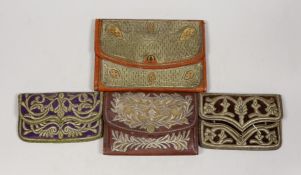 Four Turkish gold and silver metallic embroidered purses, two 19th century, embroidered on velvet