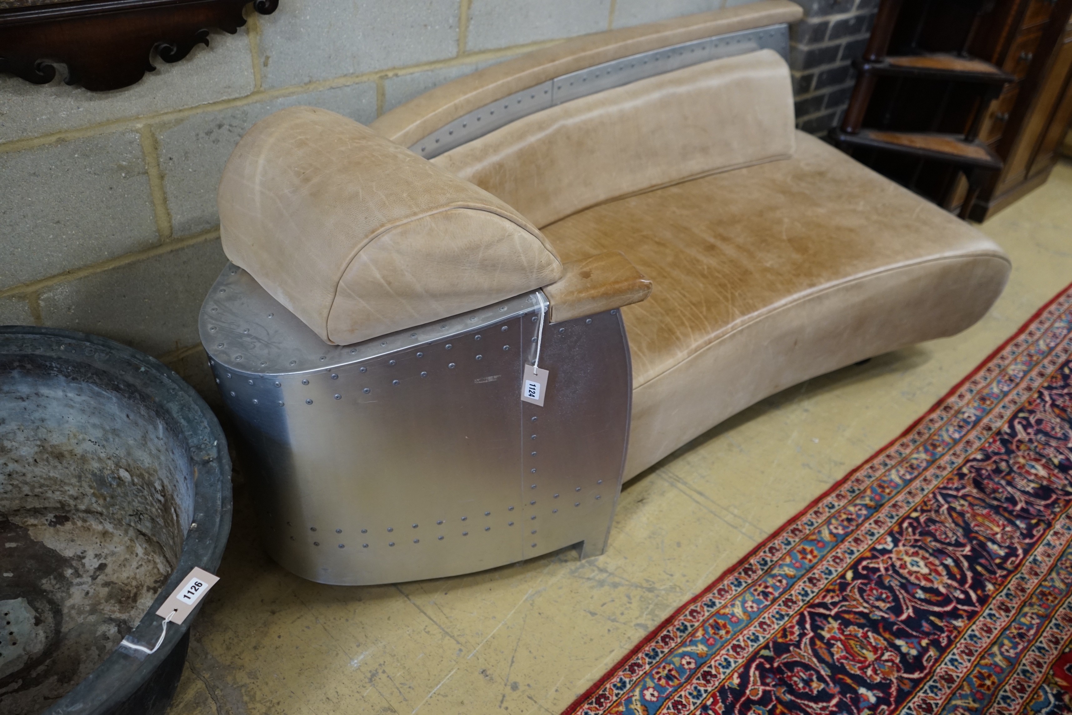 A Timothy Oulton style aluminium and pale brown leather 'Aviator' day bed, length 200cm, width 76cm, - Image 4 of 4