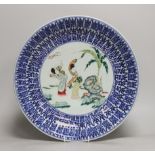 A Chinese enamelled porcelain ‘Hundred Shou’ dish, late 19th century, underglaze blue double