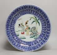 A Chinese enamelled porcelain ‘Hundred Shou’ dish, late 19th century, underglaze blue double